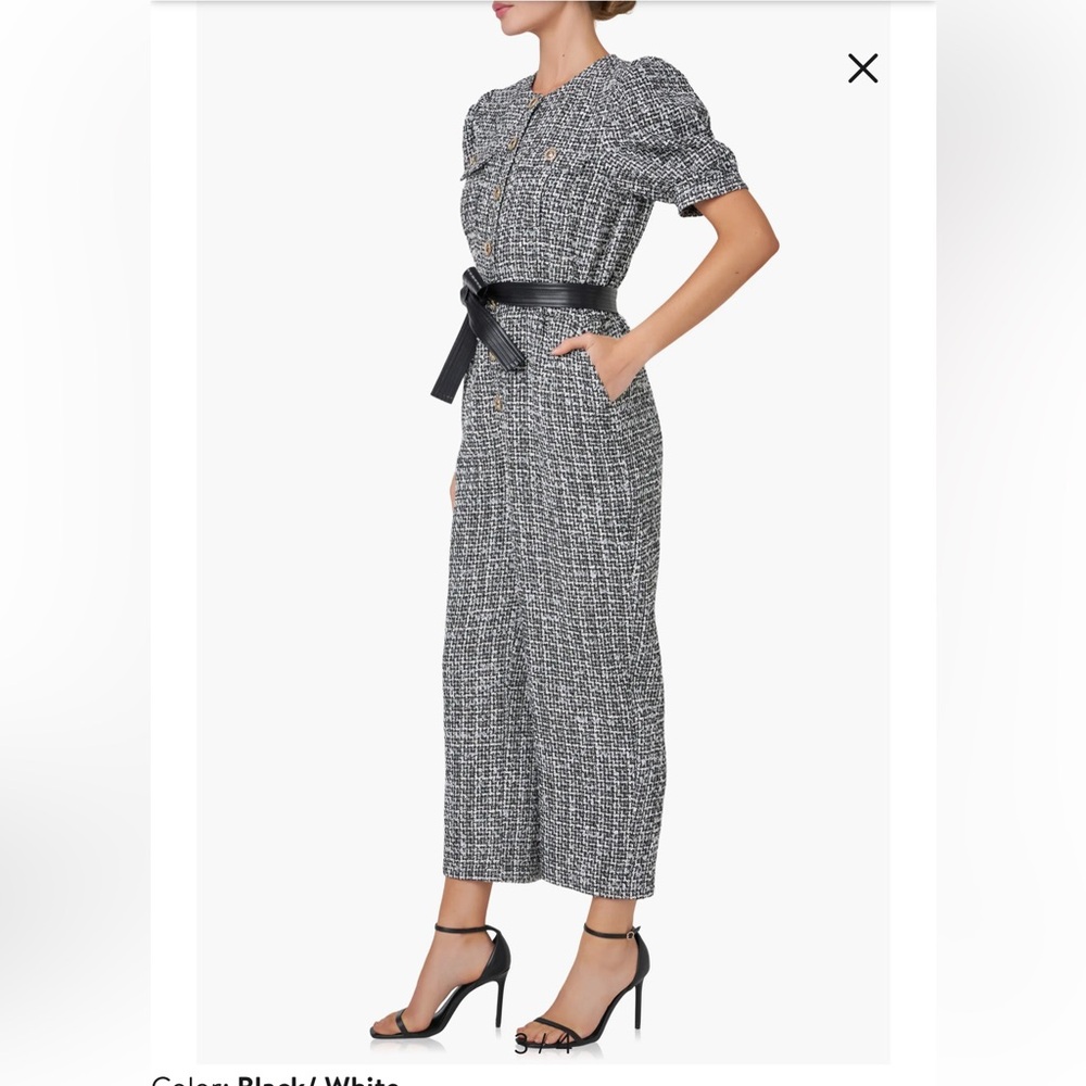 English Factory Black & White Tweed Puff-Sleeve Jumpsuit